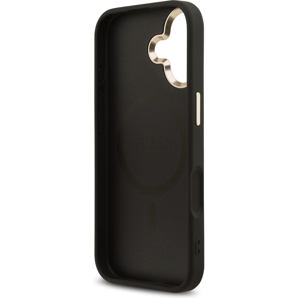 Guess-PU-Leather-4G-Triangle-Logo-Gold-Frame-MagSafe-kryt-iPhone-17-cerny