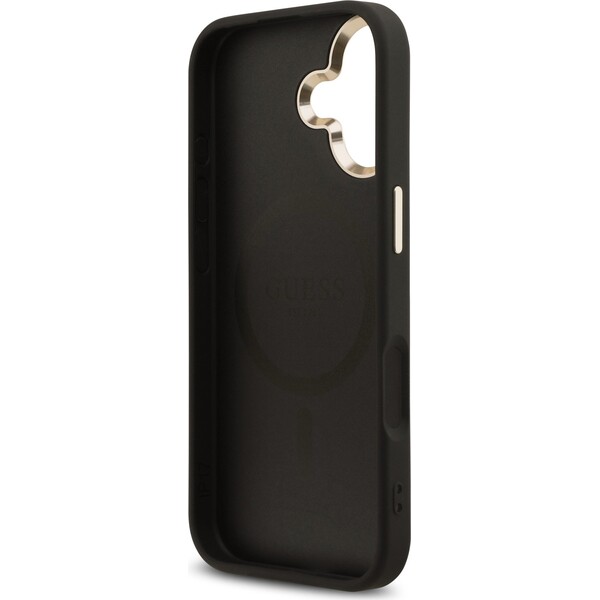 Guess-PU-Leather-4G-Triangle-Logo-Gold-Frame-MagSafe-kryt-iPhone-17-cerny