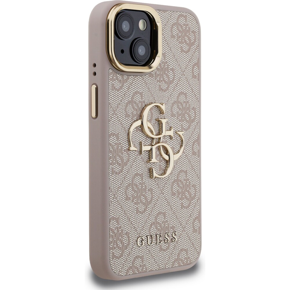 Guess-PU-4G-Metal-Logo-Stand-Camera-Frame-kryt-iPhone-15-ruzovy