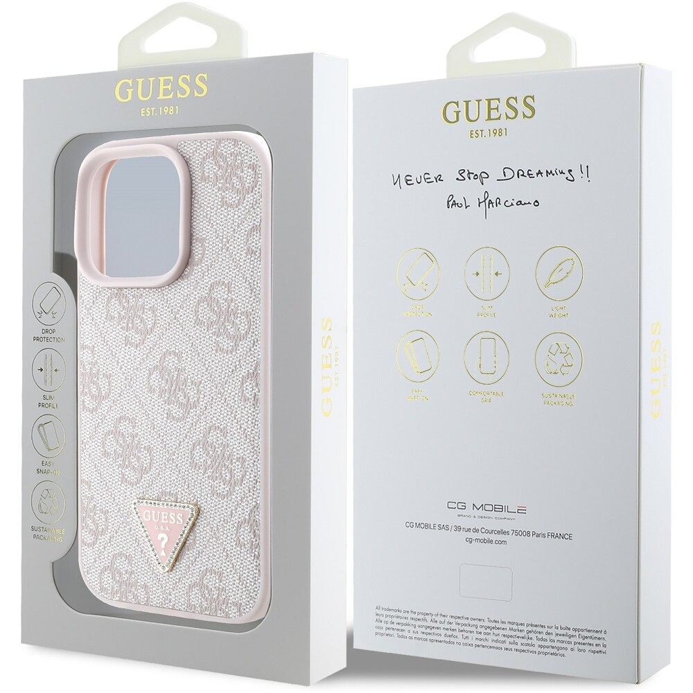 Guess-PU-4G-Strass-Triangle-Metal-Logo-kryt-pro-iPhone-16-Pro-ruzovy