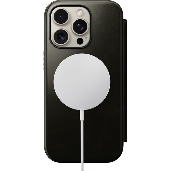 Nomad-Modern-Leather-Folio-MagSafe-pouzdro-iPhone-16-Pro-zelene-chromovane