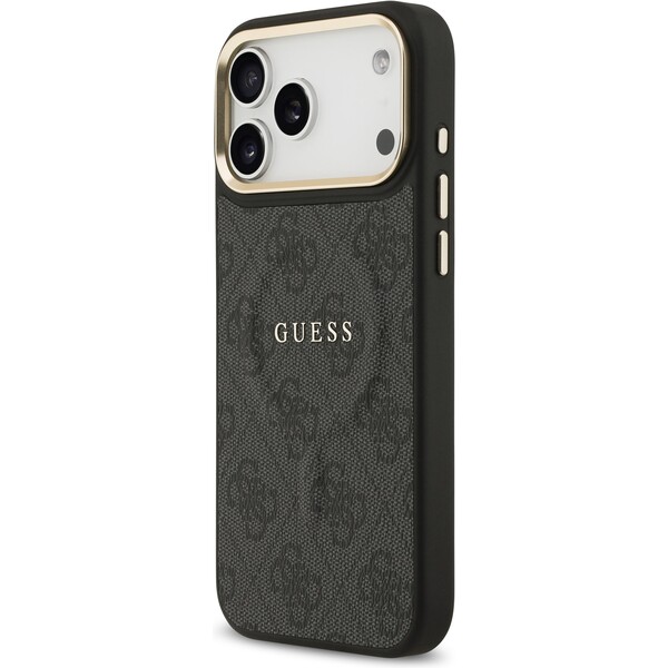 Guess-PU-Leather-4G-Gold-Frame-MagSafe-kryt-iPhone-17-Pro-Max-cerny
