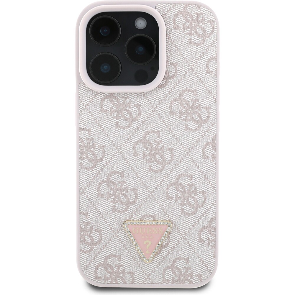 Guess-PU-4G-Strass-Triangle-Metal-Logo-kryt-pro-iPhone-16-Pro-ruzovy