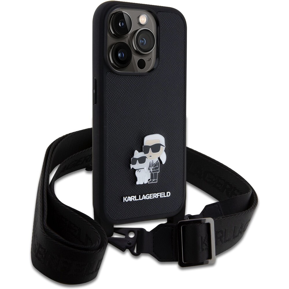 Karl-Lagerfeld-Saffiano-Crossbody-Metal-Karl-and-Choupette-kryt-iPhone-15-Pro-cerny