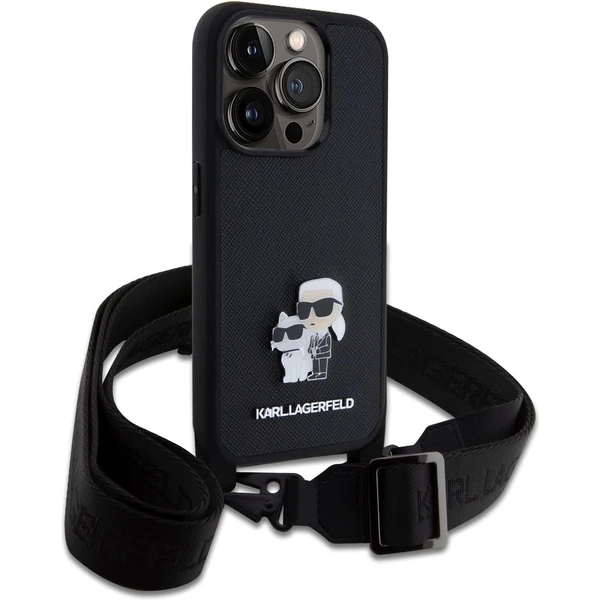 Karl Lagerfeld Saffiano Crossbody Metal Karl and Choupette kryt iPhone 15 Pro černý - Pouzdra - Obrázek 60J8000601