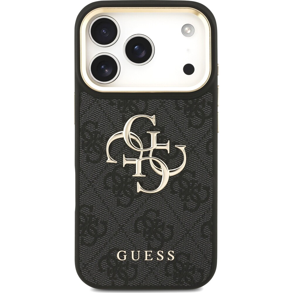 Guess-PU-Leather-4G-Metal-Logo-Gold-Frame-kryt-iPhone-17-Pro-cerny