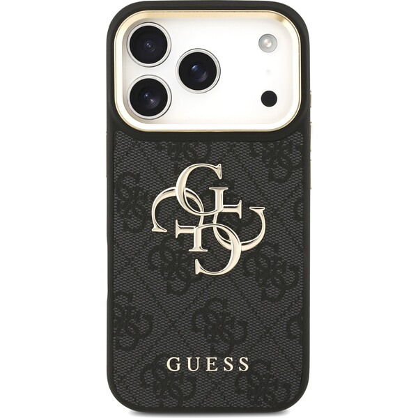Guess-PU-Leather-4G-Metal-Logo-Gold-Frame-kryt-iPhone-17-Pro-cerny