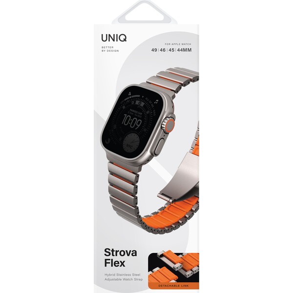UNIQ-Strova-Flex-titanovy-reminek-pro-Apple-Watch-49-46-45-44mm-Titanium-Silver-Volt-Orange