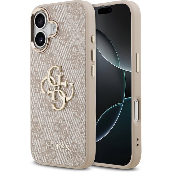 Guess-PU-Leather-4G-Metal-Logo-Gold-Frame-MagSafe-kryt-iPhone-17-ruzovy
