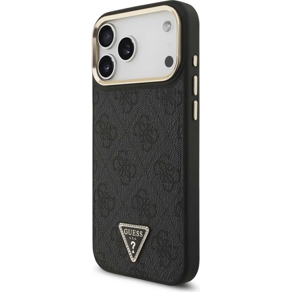 Guess-PU-Leather-4G-Triangle-Logo-Gold-Frame-MagSafe-kryt-iPhone-17-Pro-Max-cerny