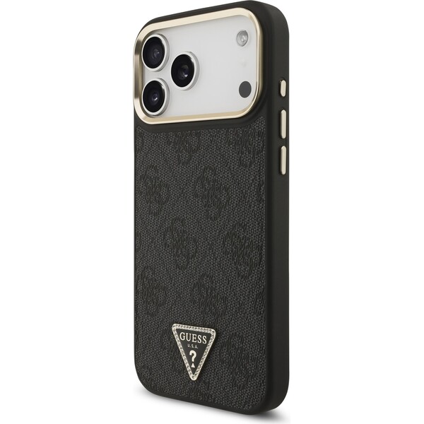 Guess-PU-Leather-4G-Triangle-Logo-Gold-Frame-MagSafe-kryt-iPhone-17-Pro-Max-cerny