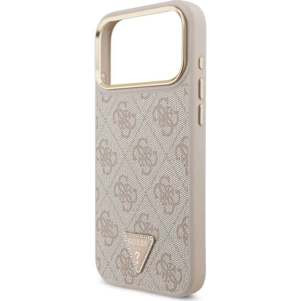 Guess-PU-Leather-4G-Triangle-Logo-Gold-Frame-MagSafe-kryt-iPhone-17-Pro-Max-ruzovy