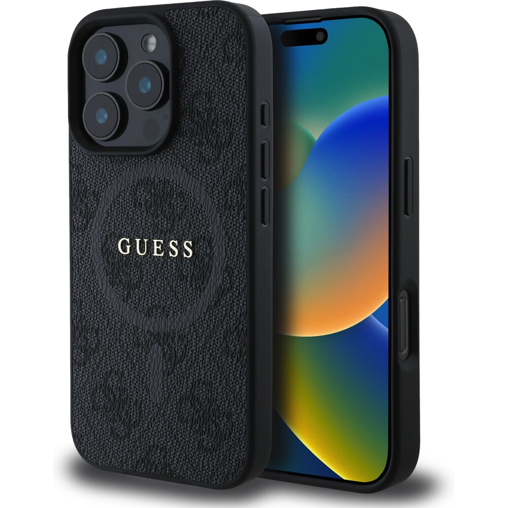 Guess-PU-Leather-4G-Colored-Ring-MagSafe-kryt-iPhone-16-Pro-cerny