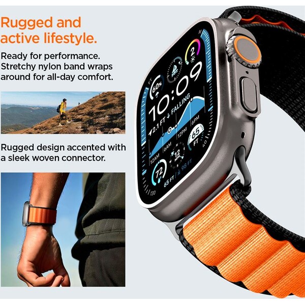 Spigen-Fabric-Band-hook-reminek-Apple-Watch-49-46-45-44mm-cerny-oranzovy