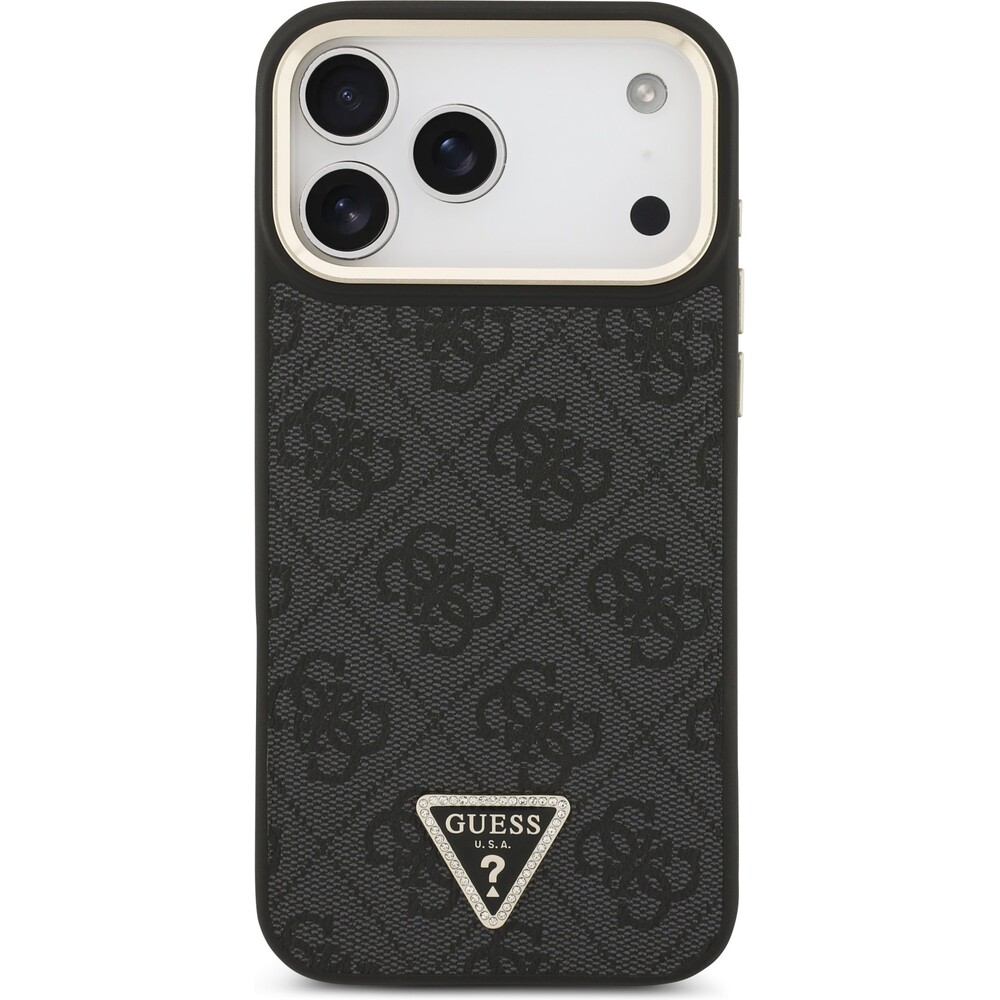 Guess-PU-Leather-4G-Triangle-Logo-Gold-Frame-MagSafe-kryt-iPhone-17-Pro-Max-cerny
