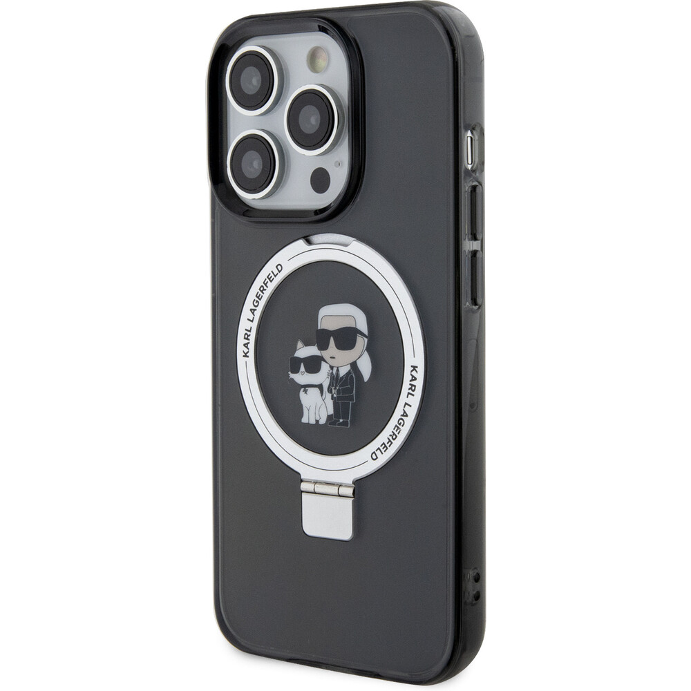 Karl-Lagerfeld-Ringstand-Karl-and-Choupette-MagSafe-kryt-iPhone-15-Pro-cerny