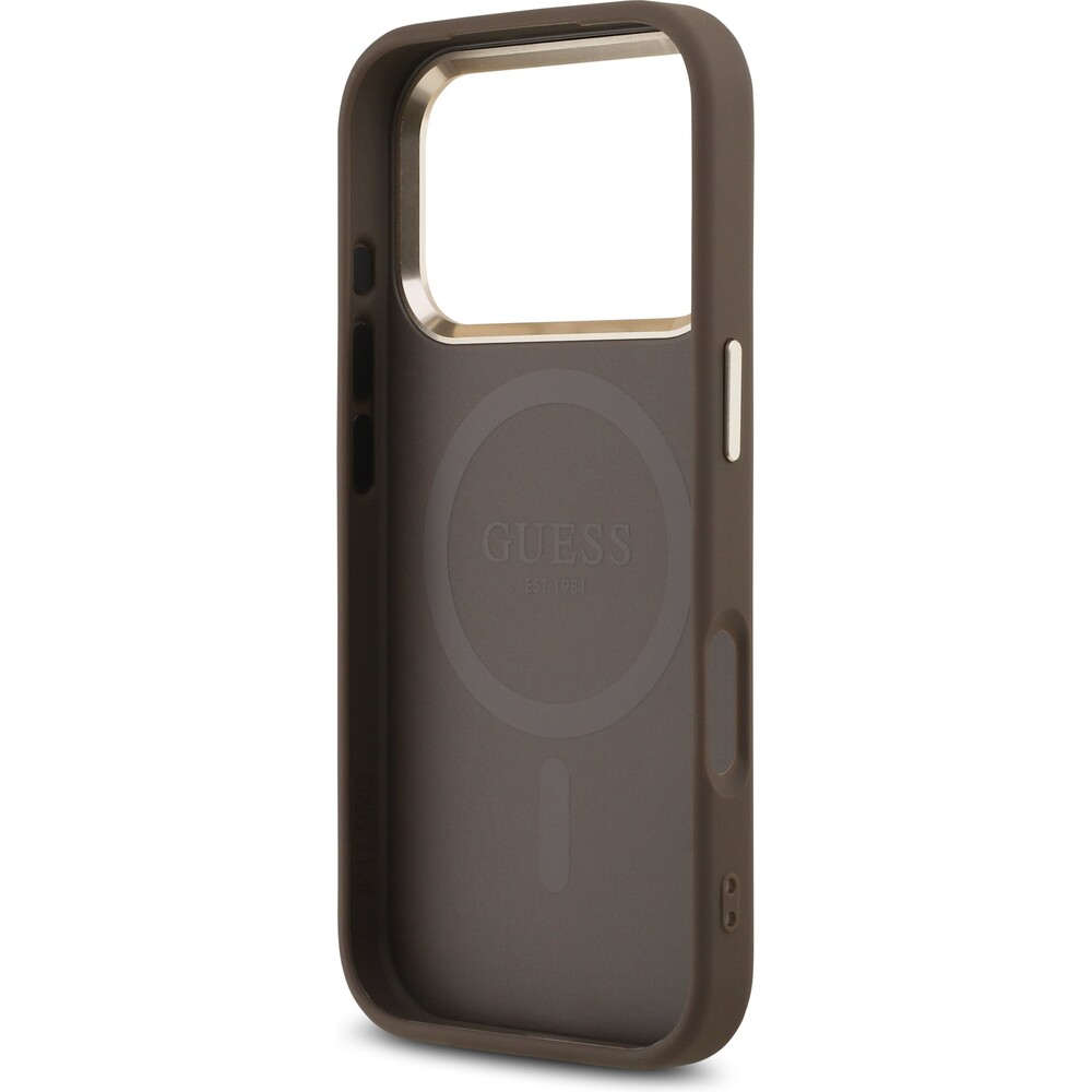Guess-PU-Leather-4G-Triangle-Logo-Gold-Frame-MagSafe-kryt-iPhone-17-Pro-hnedy