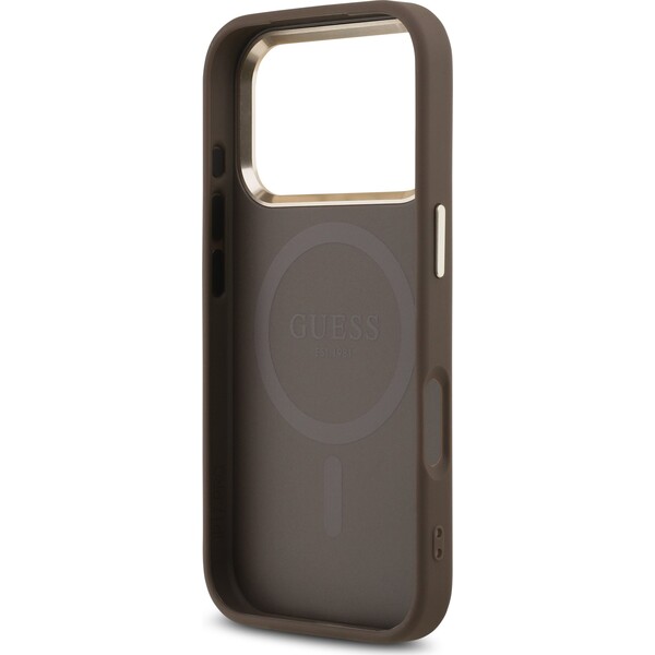 Guess-PU-Leather-4G-Triangle-Logo-Gold-Frame-MagSafe-kryt-iPhone-17-Pro-hnedy
