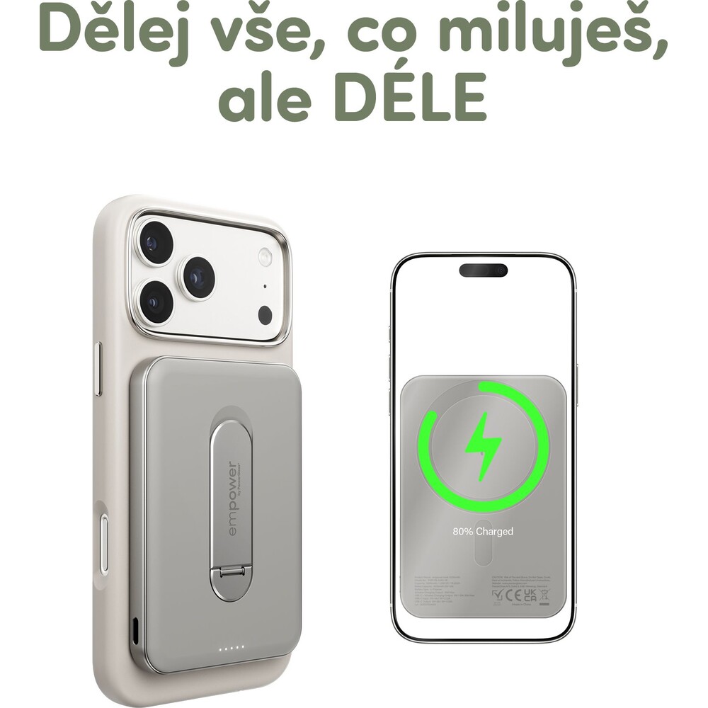 PanzerGlass-empower-bezdratova-Qi2-powerbanka-5000-mAh-MagSafe-otocny-stojanek-seda