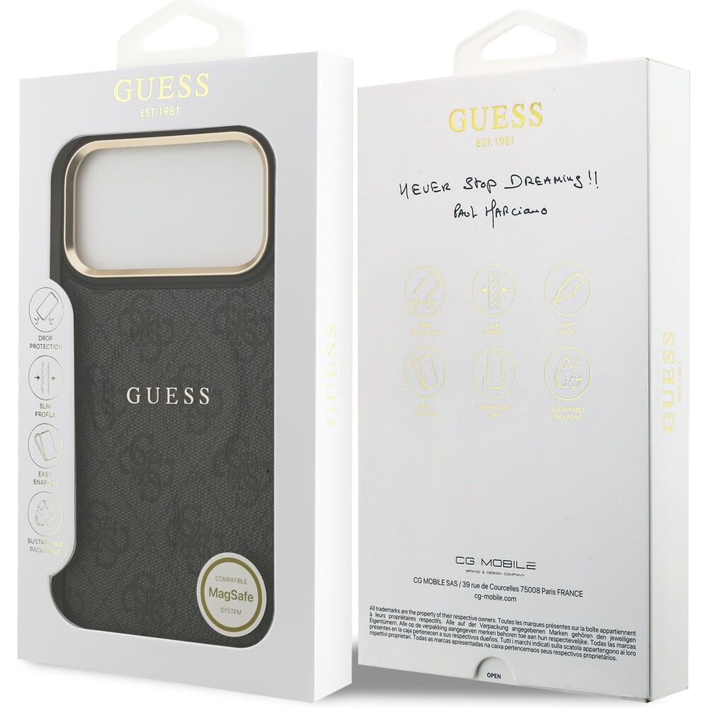 Guess-PU-Leather-4G-Gold-Frame-MagSafe-kryt-iPhone-17-Pro-Max-cerny