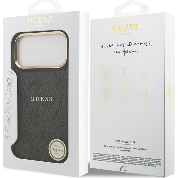 Guess-PU-Leather-4G-Gold-Frame-MagSafe-kryt-iPhone-17-Pro-Max-cerny