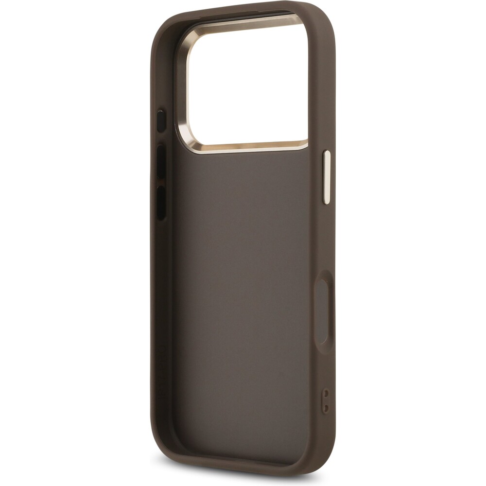 Guess-PU-Leather-4G-Metal-Logo-Gold-Frame-MagSafe-kryt-iPhone-17-Pro-hnedy