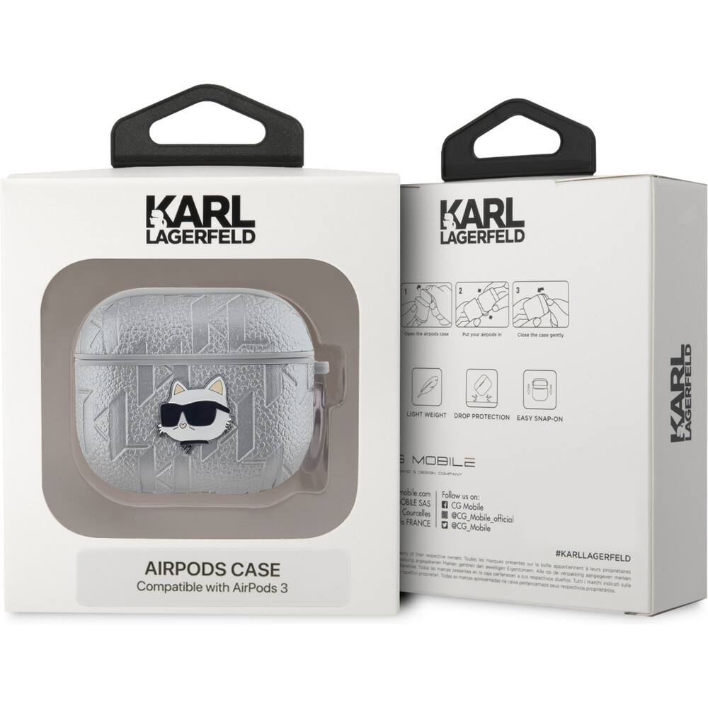Karl-Lagerfeld-PU-Embossed-Choupette-Head-pouzdro-AirPods-3-stribrne