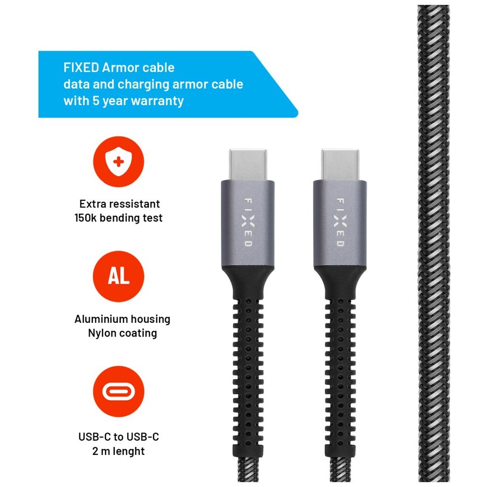 FIXED-Armor-USB-C-USB-C-napajeci-kabel-240W-2m-sedy