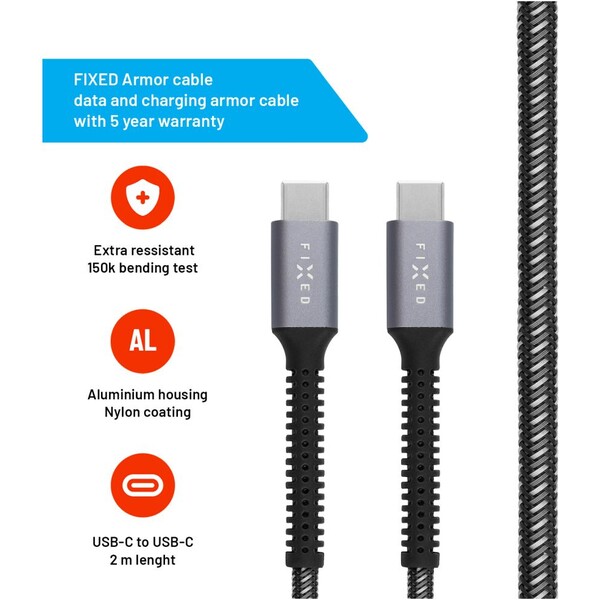 FIXED-Armor-USB-C-USB-C-napajeci-kabel-240W-2m-sedy