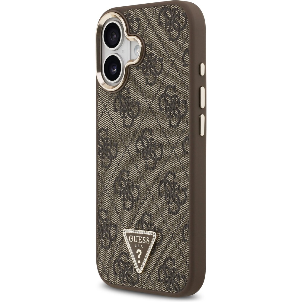 Guess-PU-Leather-4G-Triangle-Logo-Gold-Frame-MagSafe-kryt-iPhone-17-hnedy