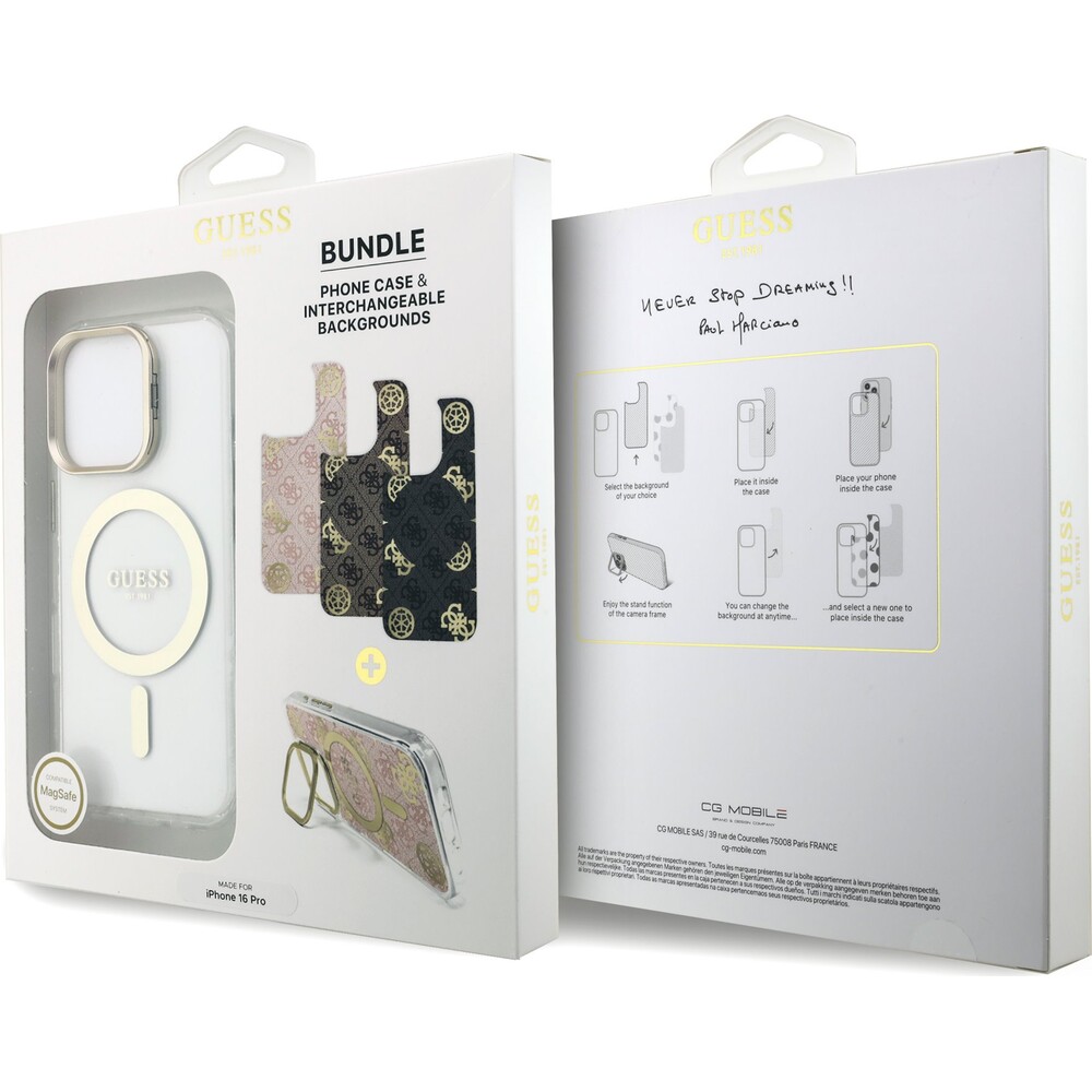 Guess-PC-TPU-Electroplated-Stand-Camera-Frame-MagSafe-kryt-s-vymenitelnym-pozadim-iPhone-16-Pro