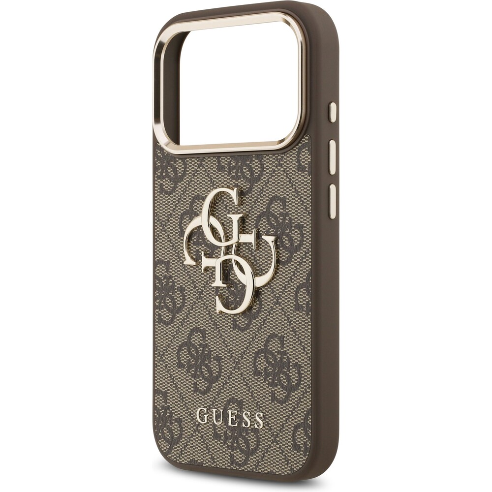 Guess-PU-Leather-4G-Metal-Logo-Gold-Frame-MagSafe-kryt-iPhone-17-Pro-Max-hnedy