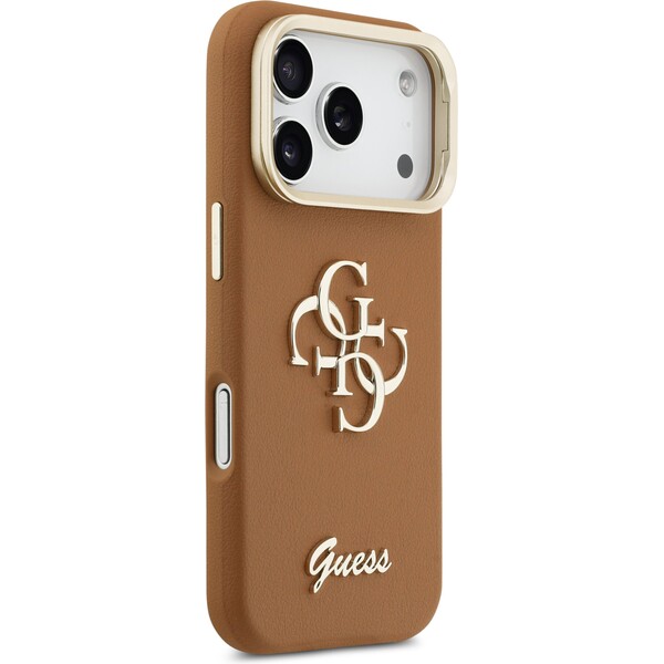 Guess-PU-Grained-4G-Logo-Stand-Camera-Frame-kryt-iPhone-17-Pro-hnedy