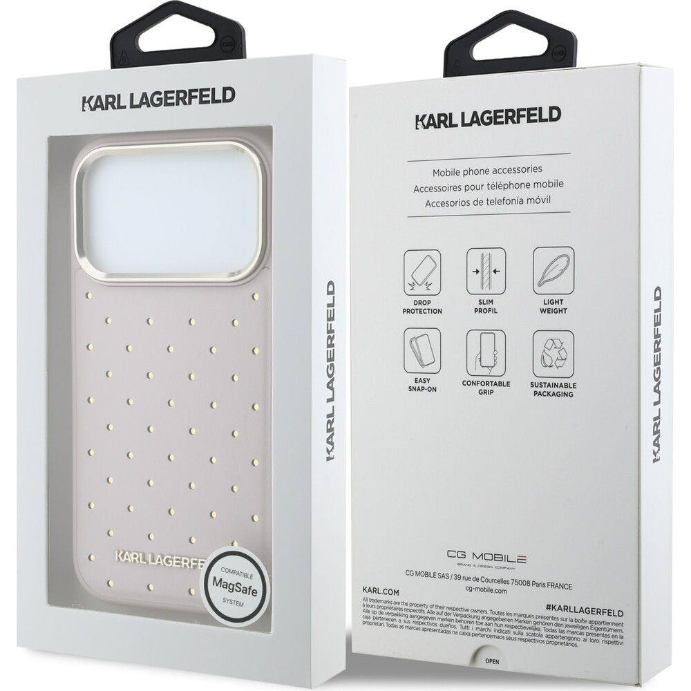 Karl-Lagerfeld-PU-Perforated-Gold-Dots-MagSafe-kryt-iPhone-17-Pro-ruzovy