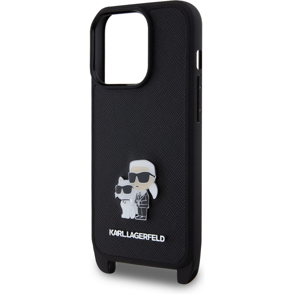 Karl-Lagerfeld-Saffiano-Crossbody-Metal-Karl-and-Choupette-kryt-iPhone-15-Pro-cerny