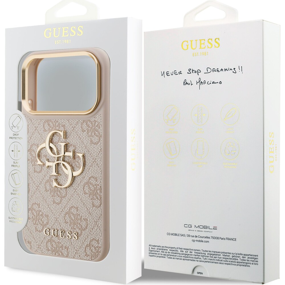 Guess-PU-Leather-4G-Metal-Logo-Gold-Frame-kryt-iPhone-17-Pro-ruzovy