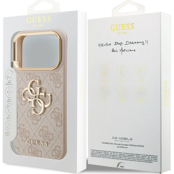 Guess-PU-Leather-4G-Metal-Logo-Gold-Frame-kryt-iPhone-17-Pro-ruzovy