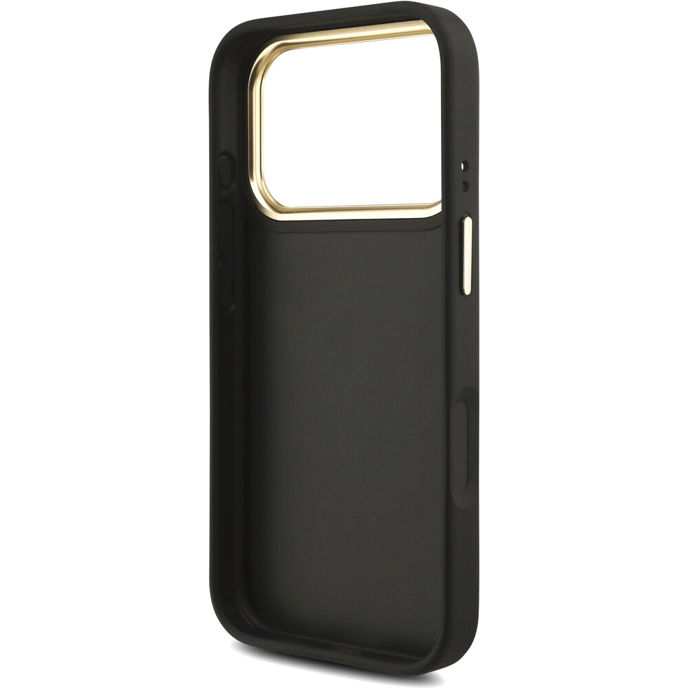 Guess-PU-Leather-4G-Metal-Logo-Gold-Frame-kryt-iPhone-17-Pro-cerny