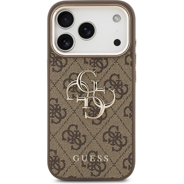 Guess-PU-Leather-4G-Metal-Logo-Gold-Frame-MagSafe-kryt-iPhone-17-Pro-Max-hnedy