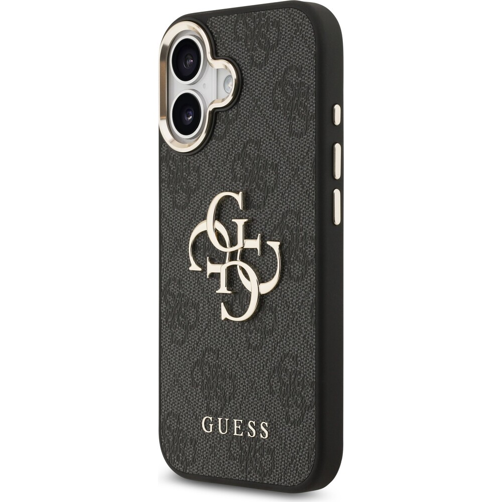 Guess-PU-Leather-4G-Metal-Logo-Gold-Frame-MagSafe-kryt-iPhone-17-cerny