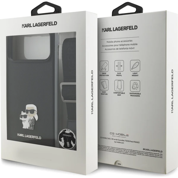 Karl-Lagerfeld-Saffiano-Crossbody-Popruh-Metal-Karl-and-Choupette-kryt-iPhone-17-Pro-Max-cerny