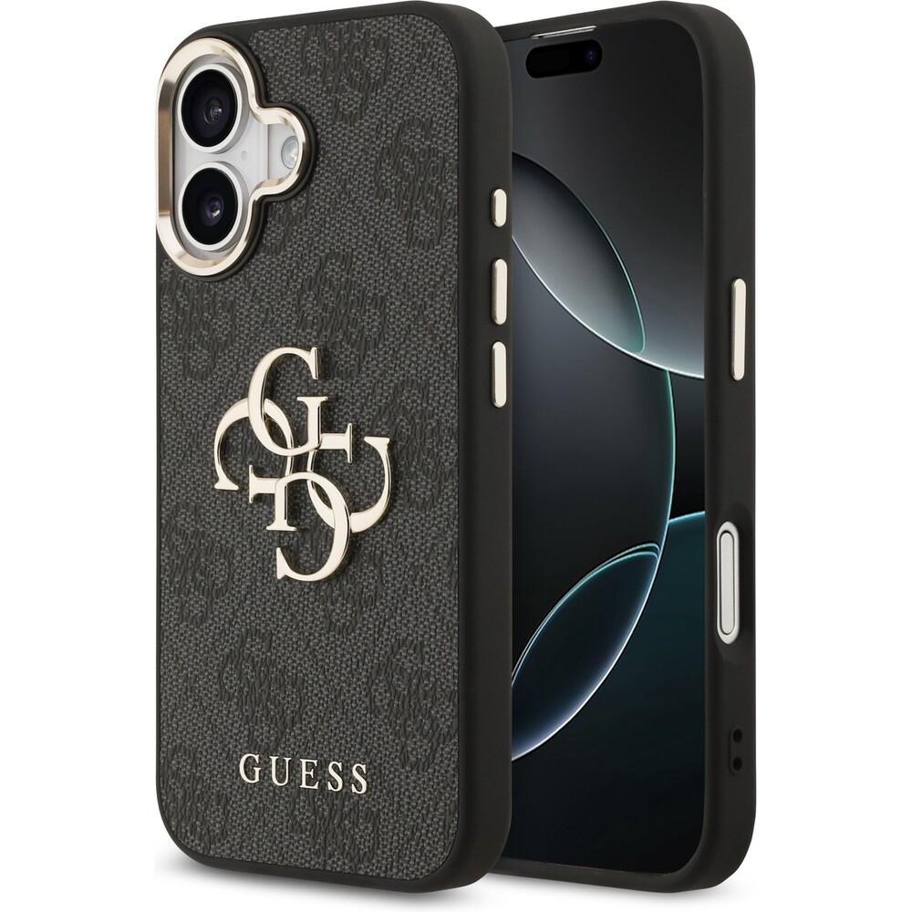 Guess-PU-Leather-4G-Metal-Logo-Gold-Frame-MagSafe-kryt-iPhone-17-cerny