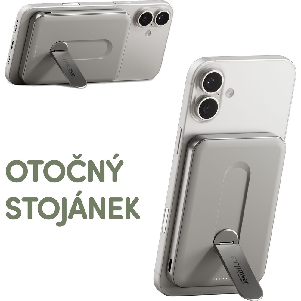 PanzerGlass-empower-bezdratova-Qi2-powerbanka-5000-mAh-MagSafe-otocny-stojanek-seda