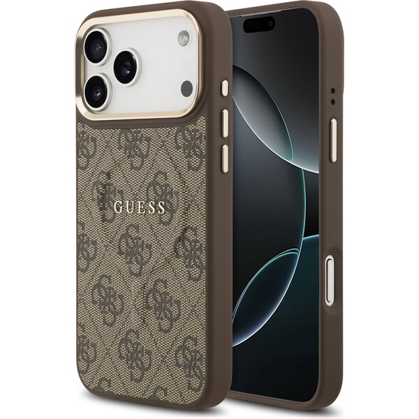 Guess-PU-Leather-4G-Gold-Frame-MagSafe-kryt-iPhone-17-Pro-Max-hnedy