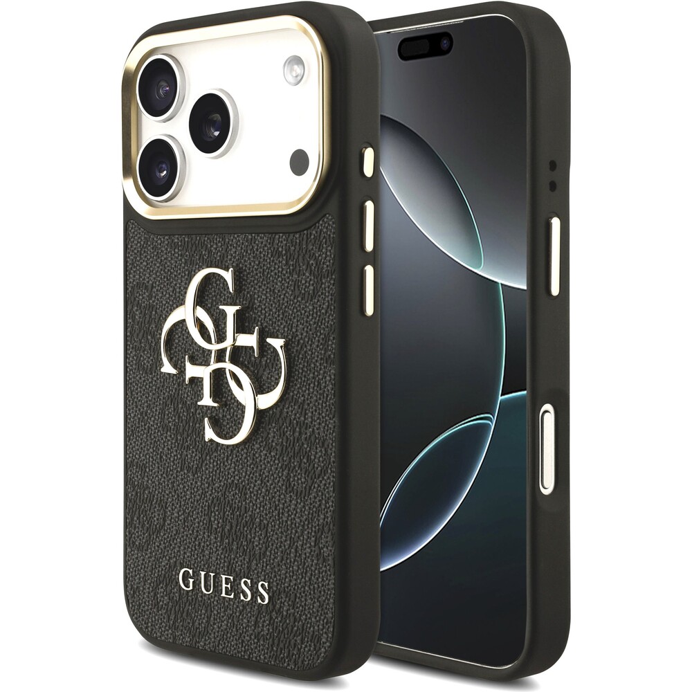 Guess-PU-Leather-4G-Metal-Logo-Gold-Frame-kryt-iPhone-17-Pro-cerny