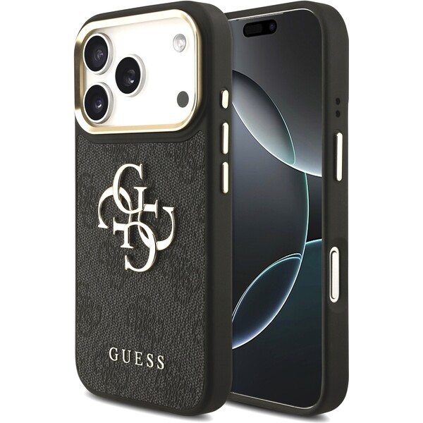 Guess-PU-Leather-4G-Metal-Logo-Gold-Frame-kryt-iPhone-17-Pro-cerny