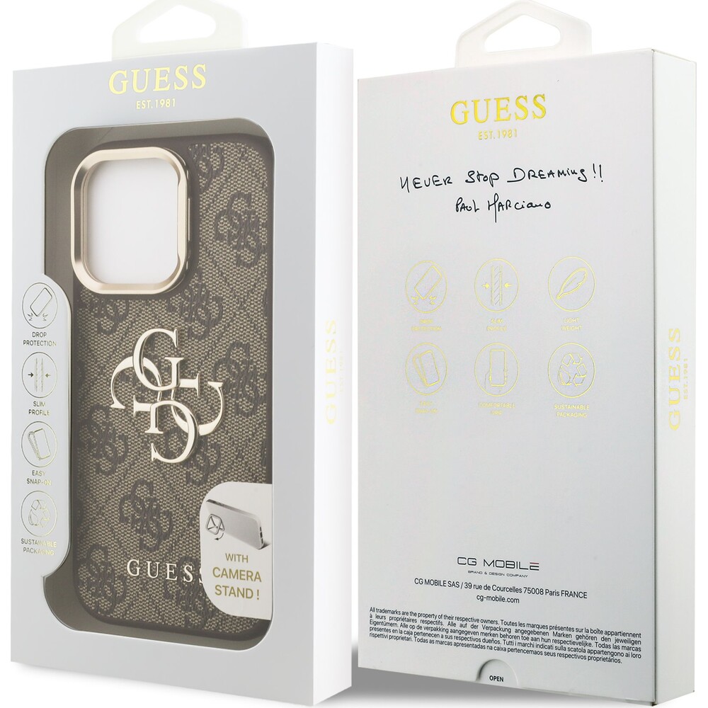 Guess-PU-4G-Metal-Logo-Stand-Camera-Frame-kryt-iPhone-16-Pro-hnedy