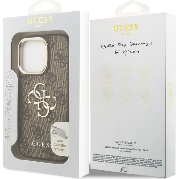 Guess-PU-4G-Metal-Logo-Stand-Camera-Frame-kryt-iPhone-16-Pro-hnedy