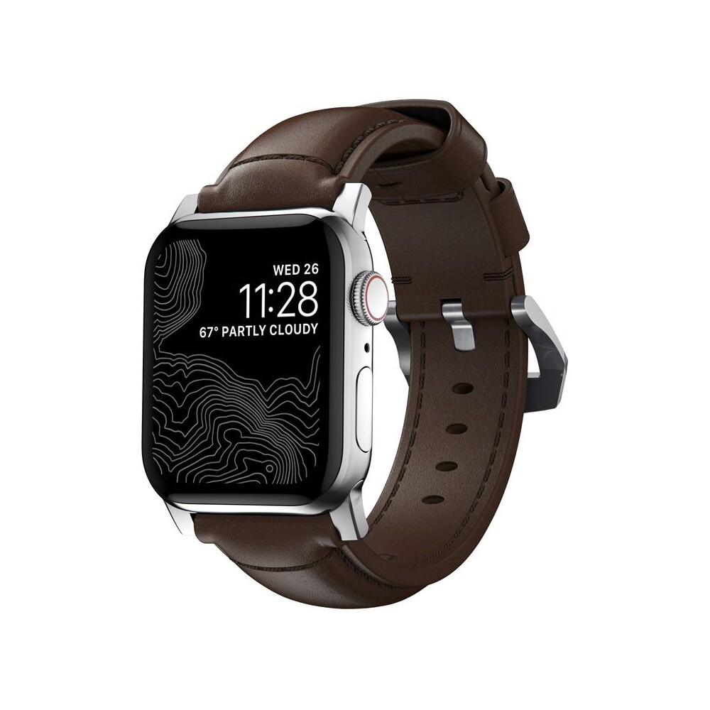 Nomad-Traditional-kozeny-reminek-Apple-Watch-Ultra-49mm-8-7-45mm-6-SE-5-4-hnedy-stribrne-prezky