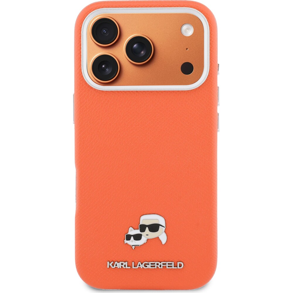 Karl-Lagerfeld-PU-Karl-and-Choupette-Heads-Pins-MagSafe-kryt-iPhone-17-Pro-Max-oranzovy